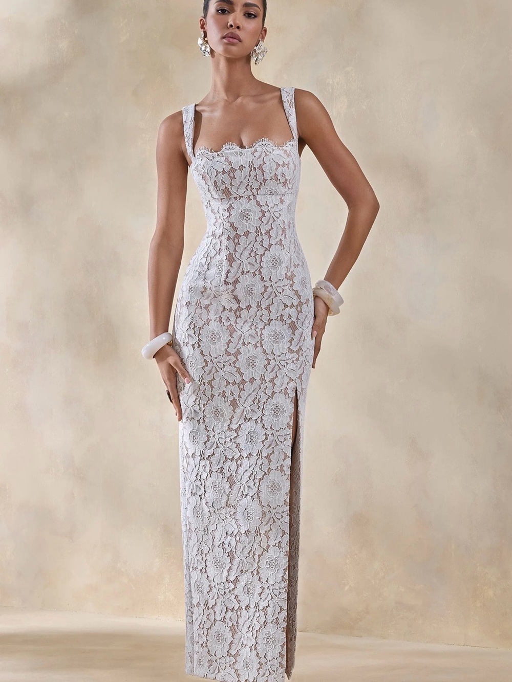 Club London - Zarisse - White Lace Square Neck Maxi Dress